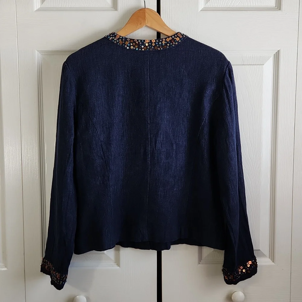 Coldwater Creek‎ Navy Blue Beaded Blazer Jacket Size LG Button Front Linen Blend - Picture 2 of 11